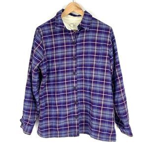 LL Bean Shirt Jacket Size Medium Womens Purple Fleece Lined Flannel Button Up